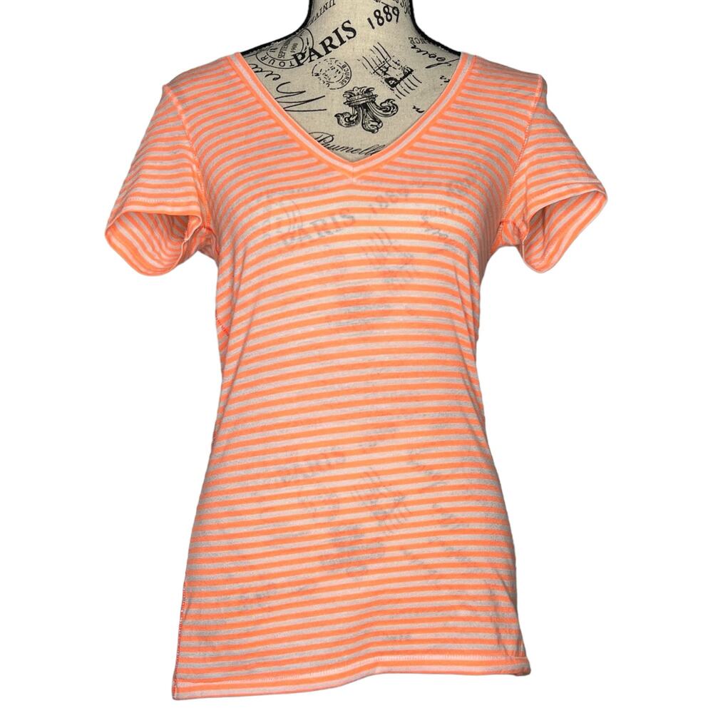 American Eagle (M) V-Neck Linen Blend Tee – Orange & White Striped Casual Fit